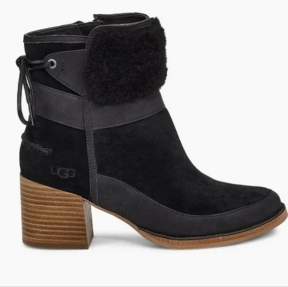 Ugg Kirke Suede Brushed Leather Shearling Stacked Heel Bootie